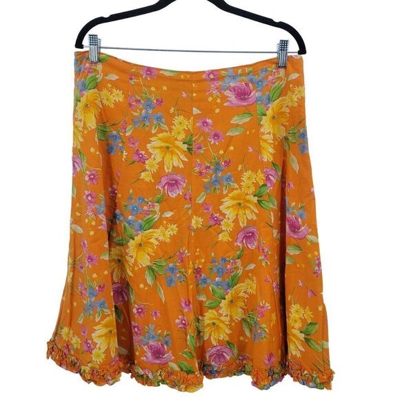 Vintage 90s Skirt 12 Orange Floral Cotton Paneled Tea Length A-line Ruffle Hem - Picture 7 of 10